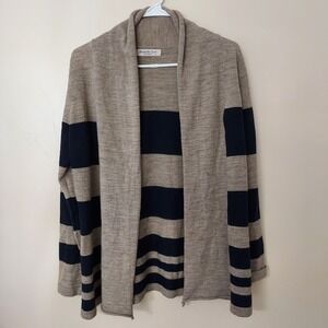 Brunella Gori Italy Merino‎ Wool Striped Open Front Cardigan Large Tan Navy Blue